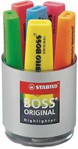 Cartoleria Evidenziatore - STABILO BOSS ORIGINAL - Box Bicchiere da 6 - Giallo/Verde/Arancio/Rosso/Rosa/Blu STABILO